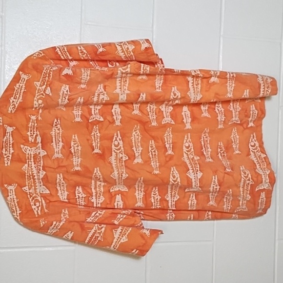 Oversized Beach Bum Fish Skeleton Washed Orange 100% Cotton Button Down Shirt - Picture 3 of 7